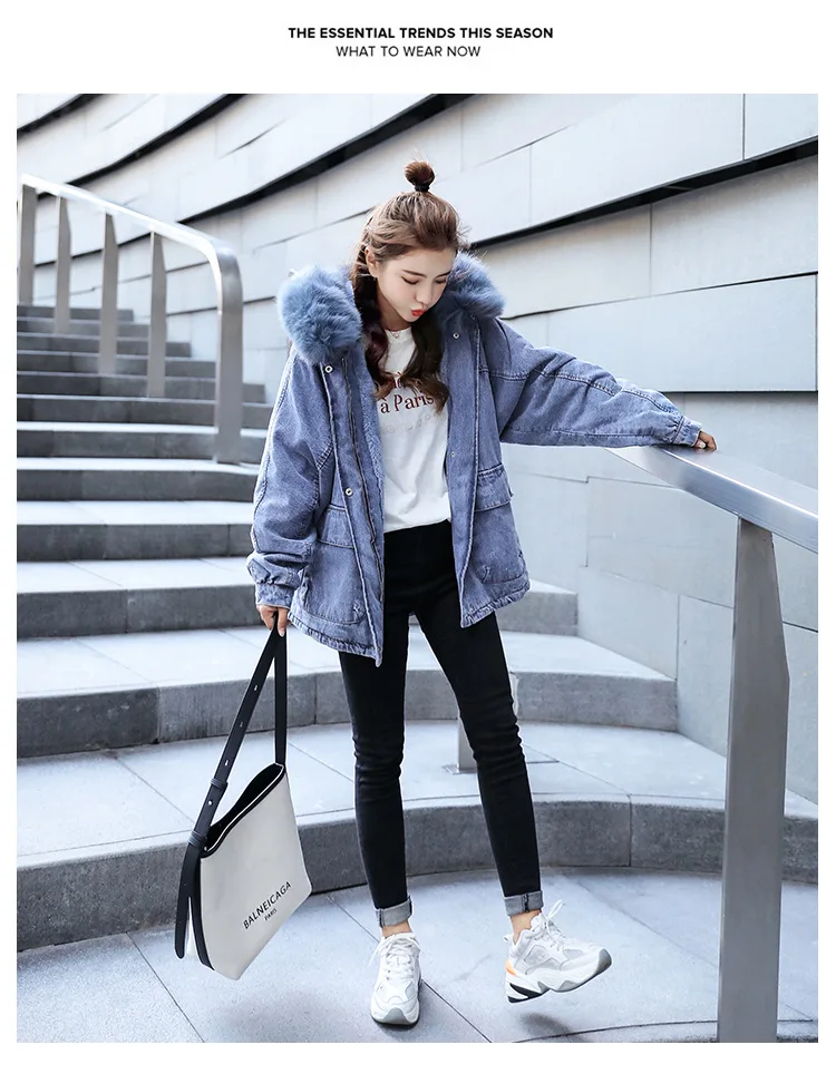 Женская Толстая джинсовая куртка с кроличьим меховым воротником с капюшоном зима теплое бархатное джинсовое пальто женское свободные джинсы стеганые куртки