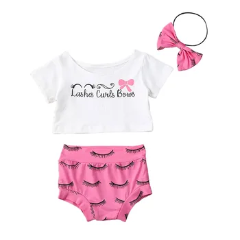 

Pudcoco Newborn Toddler Baby Girls Clothes Sets Short Sleeve Letter Print T Shirts Tops+Pink Shorts Trousers +Headband 3pcs Sets