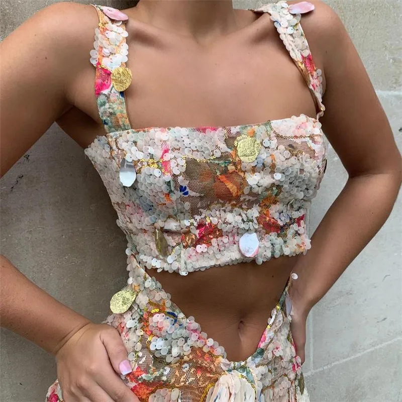 Slaygirl, с блестками, летний, с принтом, сексуальный, комплект из 2 предметов, с открытой спиной, топ и юбка, Женский комплект, платье, комплект из двух частей, женский наряд, уличная одежда