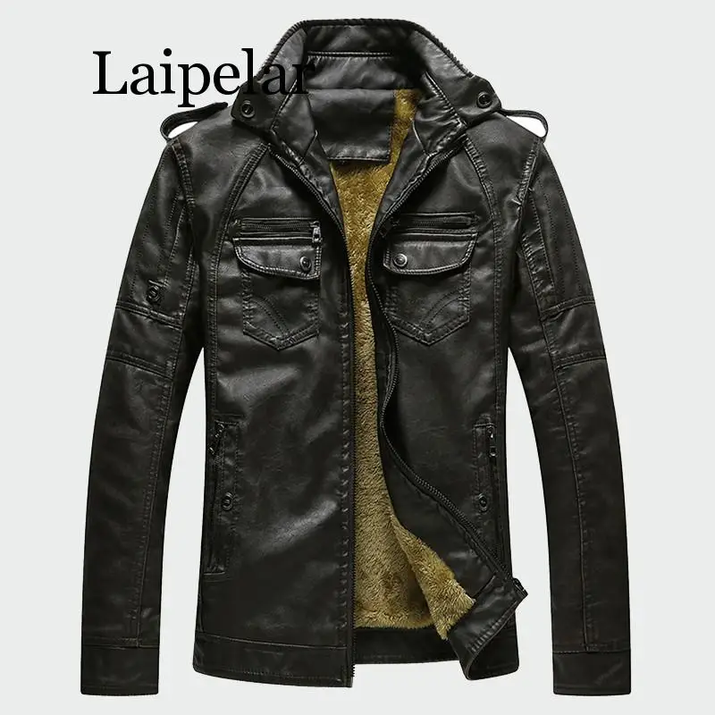 Laipelar Men's Leather Jackets Winter Warm Faux Fleece Plus Thick Warm Coats Biker Motorcycle Velvet Windproof Outerwear M-3XL