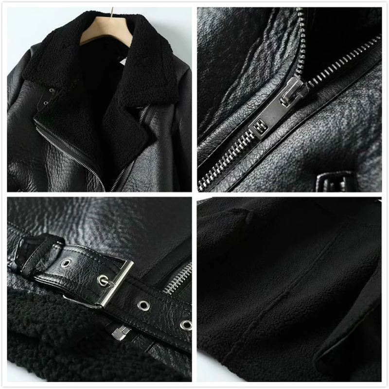 Promo  Autumn Winter Slim Sashes PU Faux Leather Jacket Coat Women Solid Zipper Casual Thick Warm Wool Lam