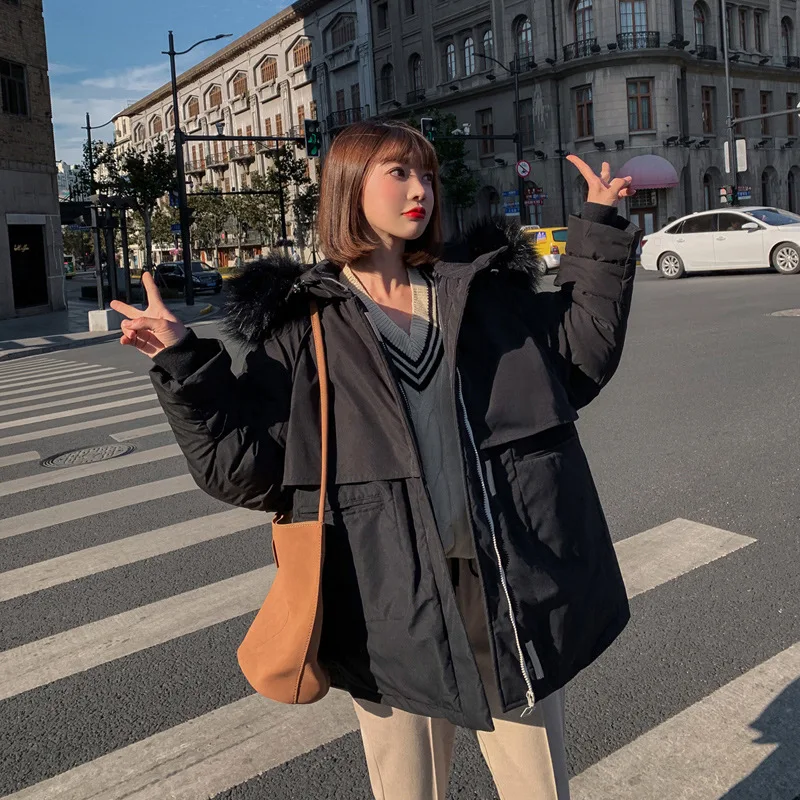

Cotton-padded Clothes Women's 2019 Winter New Style Korean-style Cotton Coat Women's Loose-Fit Fashion Hooded Large Fur Collar T