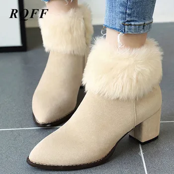 

Black New Winter Ankle Boots Women Plus Big Size Sexy Fashion High Heel Shoes Woman Pointed Toe Faux Fur Apricot Solid Flock 12