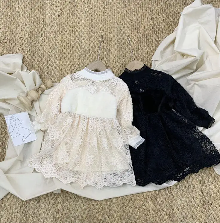 Новые Детские Зимние флисовые кружевные платья, милая одежда принцессы для девочек, 5 шт./партия