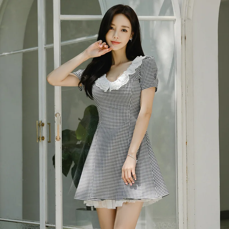 

WOMEN'S Dress 2019 Summer New Style Korean-style V-neck Lace Waist Hugging Slimming A- line Pattern Dress