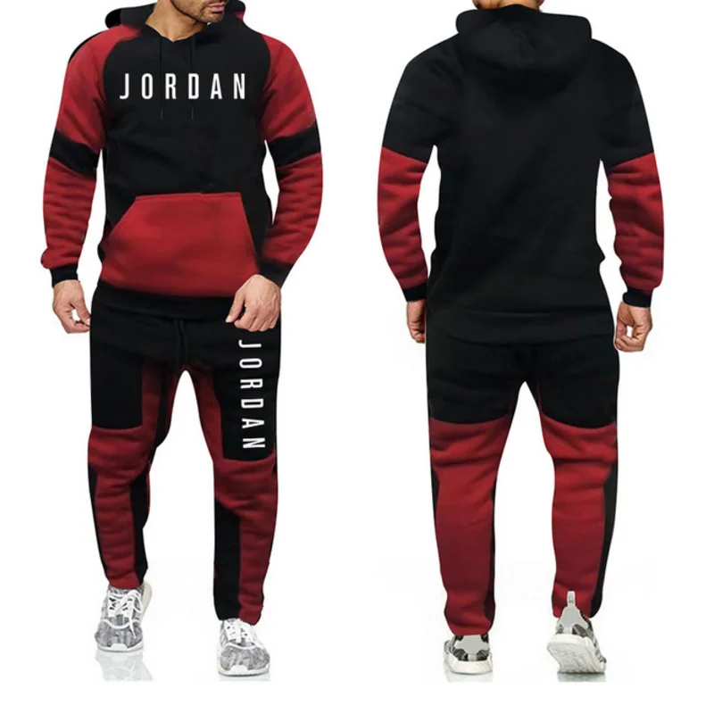 

Brand Fashion Tracksuit Warm and Velvet Men Sport Patchwork Set Hoodie Sweatshirt GYMS Fitness Pants Workout Running Suit