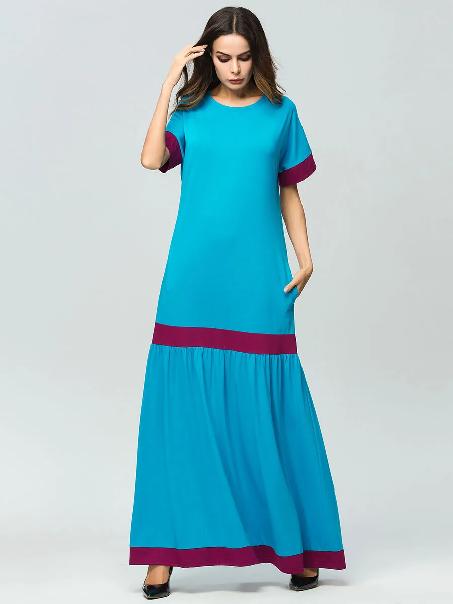 Мусульманское платье; мусульманская одежда; Femme Robe; круглый воротник; контрастная панель; осеннее платье; abaya; Турция; широкая юбка