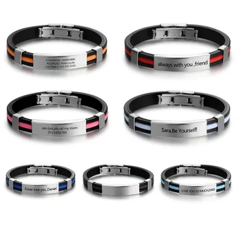 

Personalized Multicolor Engraved Stainless Steel Rubber Bracelet for Men Women Kids DIY Custom Name Date ID Bracelet