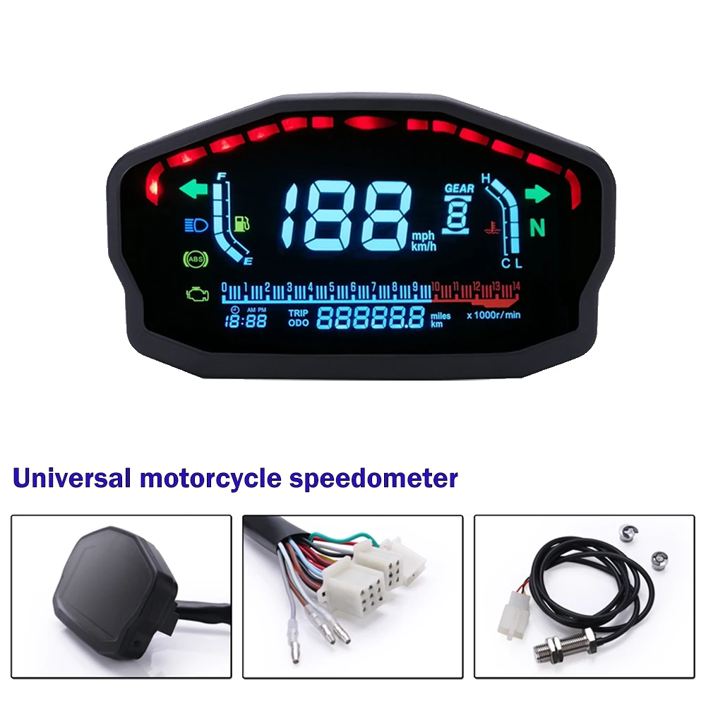 KKmoon Motorcycle LED LCD Speedometer Digital Odometer Backlight for 1,2,4 Cylinders Fuel Gauge 14000RPM Universal LCD Motorcycle Instrument Speedometer 199km/h 