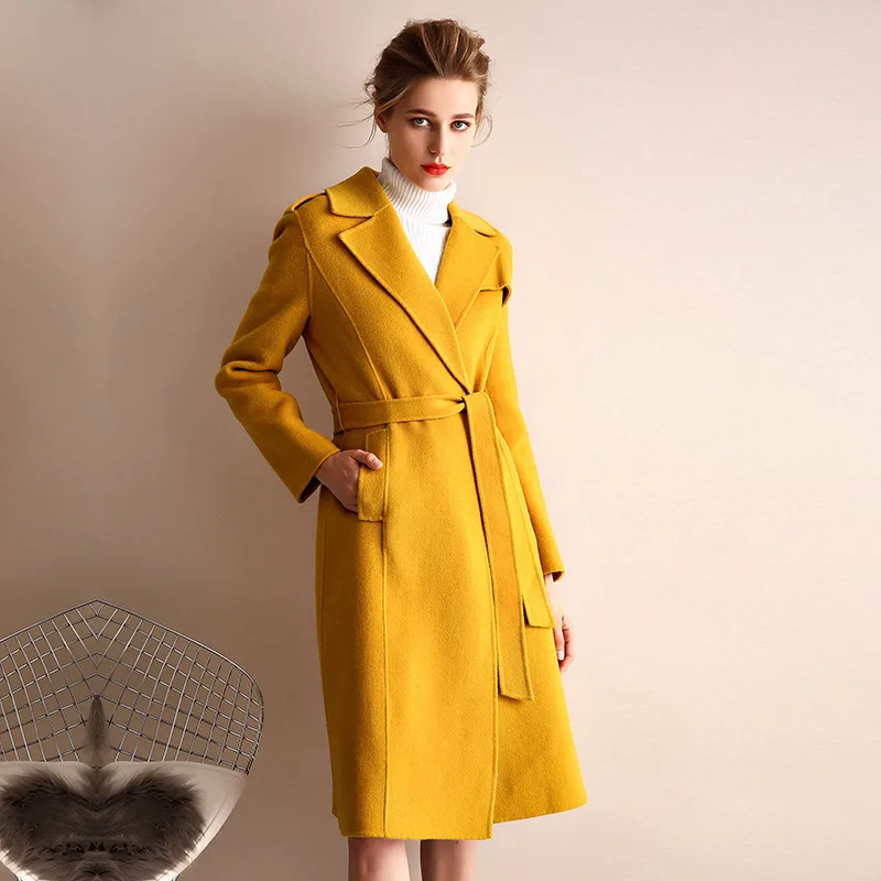 

women s winter coat lemon color Double sided wool cashmere outwear 2019 autumn plus size ladies fashion overcoats long free ship