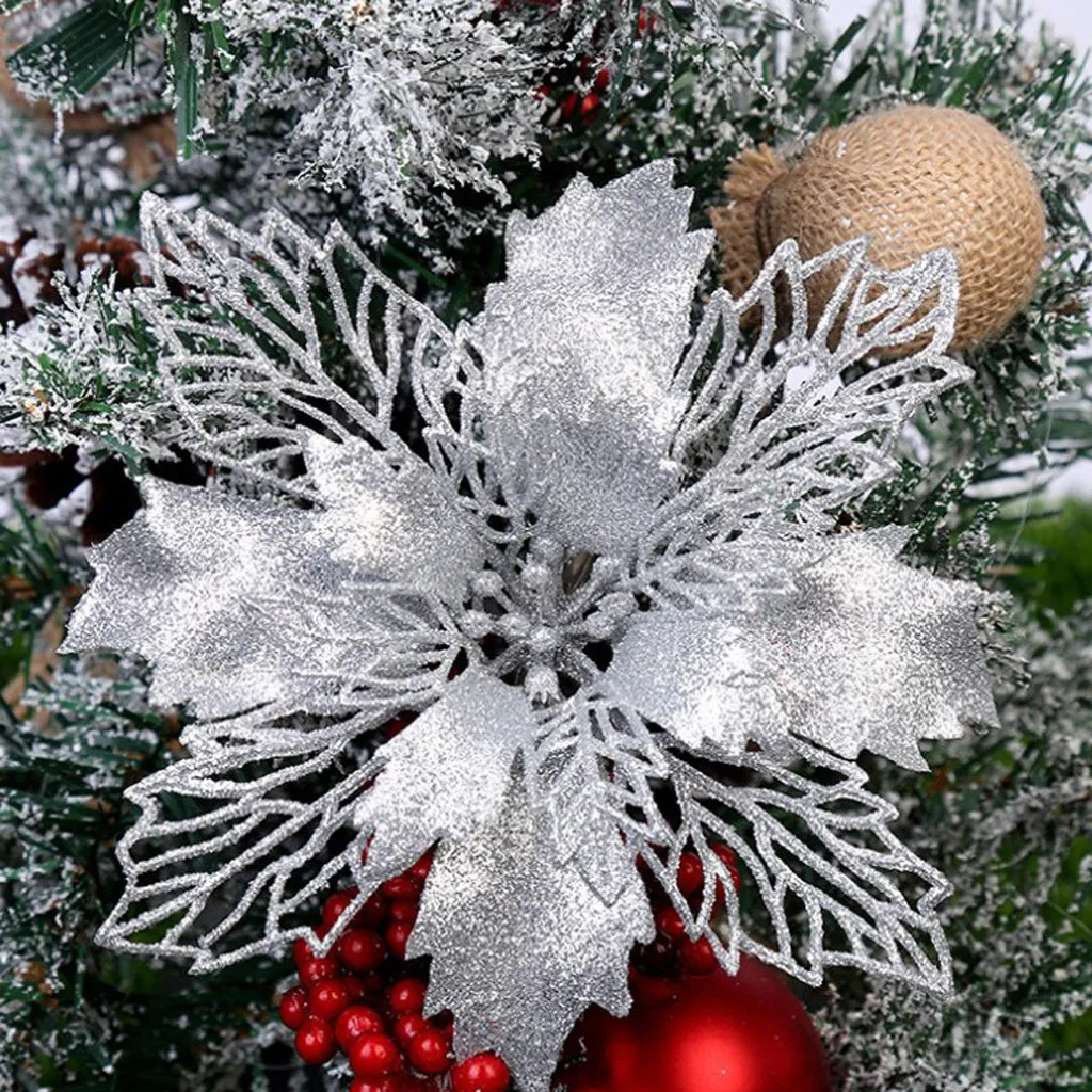

5PCS 10cm Christmas Plastic Simulation Christmas Glitter Hollow Flower Wedding Artificial flowers Valentine's Day Decoration