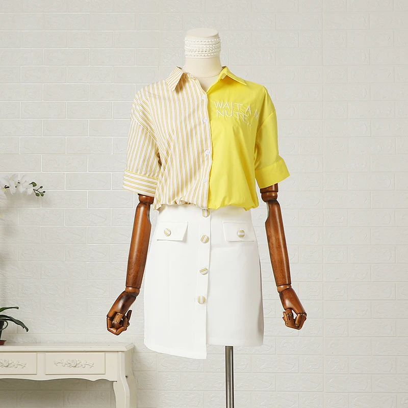 Юбочный костюм, Весенняя женская блузка с вышивкой в полоску, топы, белая мини-юбка для девушек, комплект одежды NS1012