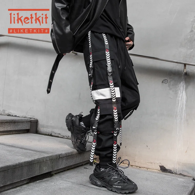 Liketkit, мужские зимние брюки-карго,, хип-хоп, длинные, черные, с лентами, для бега, мужские, Harajuku, уличная одежда, шаровары, спортивные штаны с карманами