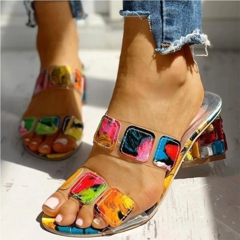 

New Slippers Summer Peep Toe Women Sandals Fashion Thick Heel Blocking Color Ladies Shoes Valerinas Zapatos De Mujer