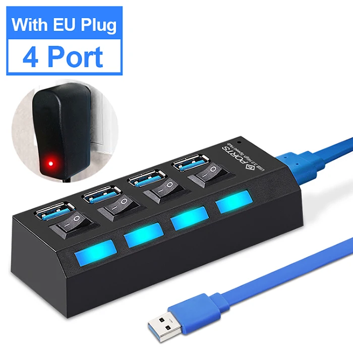 EASYIDEA usb-хаб 3,0 мини USB разветвитель микро Мульти USB 3,0 концентратор 4/7 портов с адаптером питания высокая скорость 5 Гбит/с аксессуары для ПК - Цвет: 4 Port Black With EU