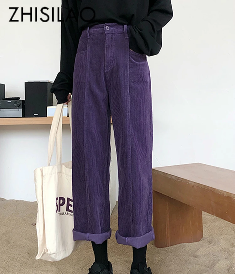 Wide Leg Straight Pants Women Purple Corduroy High Waist Loose Trouser Mujer Autumn Winter 2019 Vintage Pants Femme Retro Wide Leg Straight Pants Women Purple Corduroy High Waist Loose Trouser Mujer Autumn Winter 2019 Vintage Pants Femme Retro