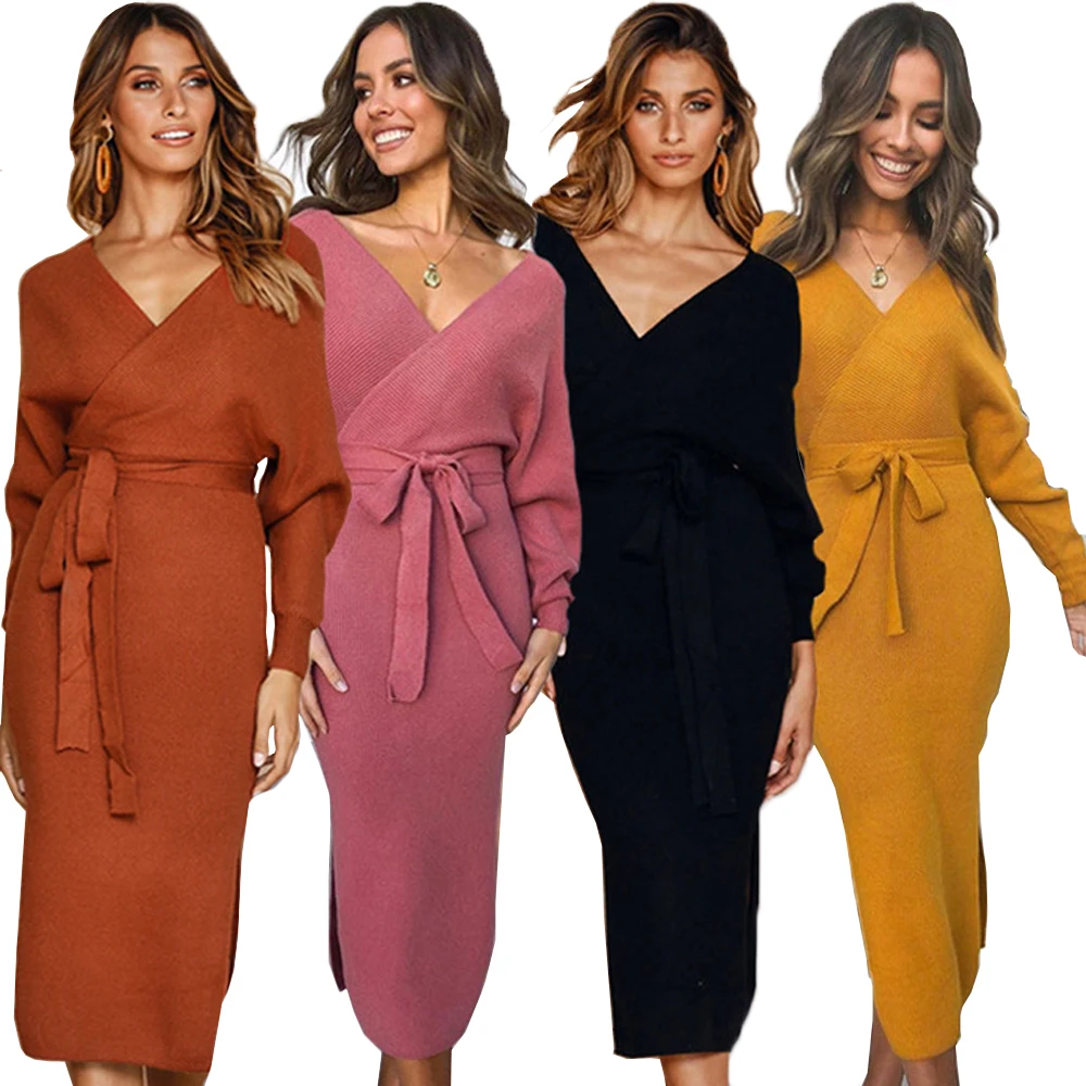 

5 Colors Elegant V Neck Long Sleeve Midi Bandage Knitted Autumn Dress Winter Women Side Split Wrap Hip Party Dress Tunic Vestido
