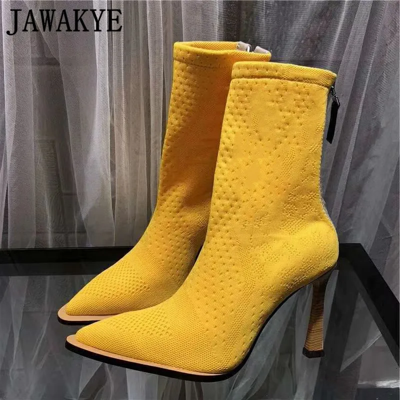 

JAWAKY Knitting High heels Ankle Boots for Women Pointed toe Yellow red blue Elastic Autumn Sock boots Runway Party Shoes Woman
