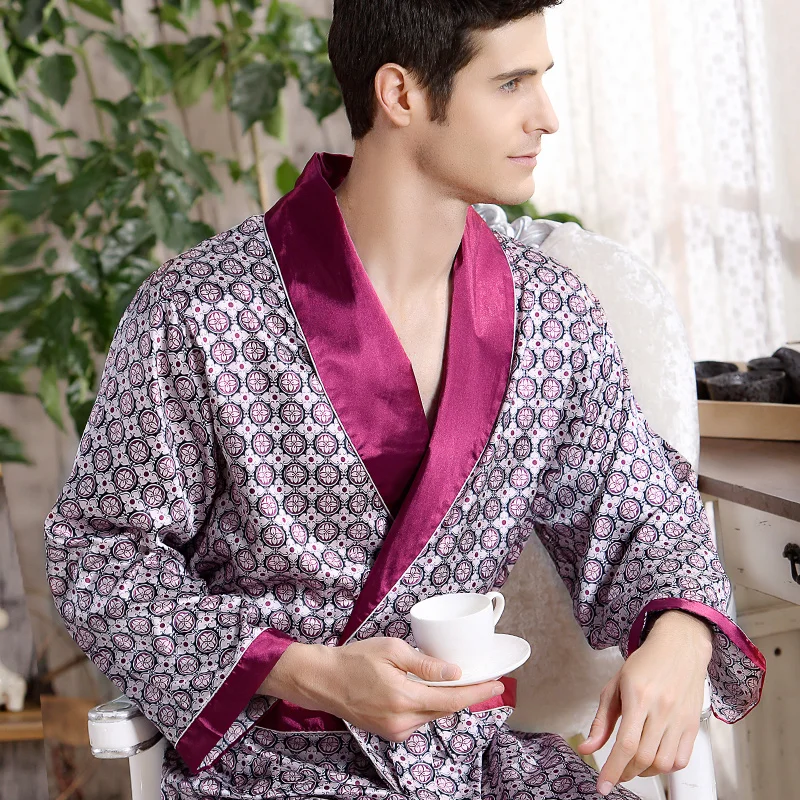 Men Sleepwear Mens Robes Silk Long Sleeve Nightgown Mens Bathrobe Kimono Home Bath Gown Printed Geometric Robes Men Sexy Robe