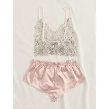 

New Arrival Ladies Silk Satin Lace Pajama Sets Nightwear Pyjama Babydoll Lingerie Sleeveless V Neck Sexy See Through Sleepwear