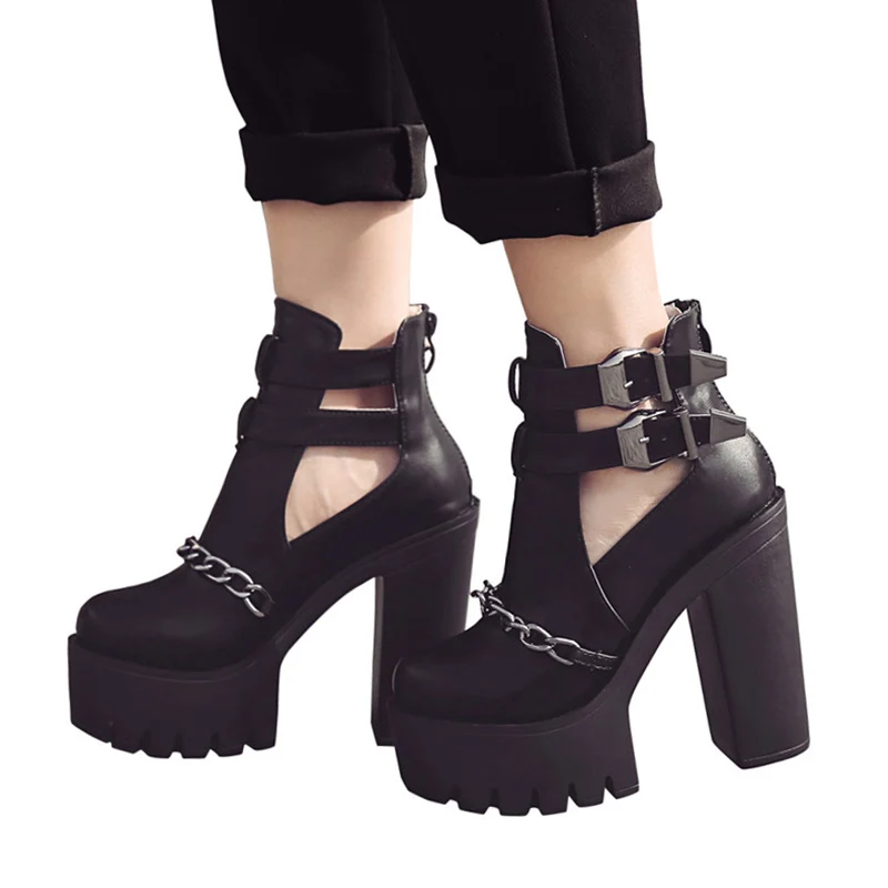 

Dropshipping Fashion Ankle Boots For Women High Heels Casual Cut-outs Buckle Round Toe Chain Thick Heels Platform Shoes GY003