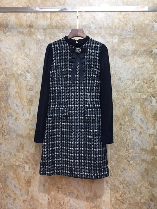 new women's autumn and winter plaid bow tie stitching sleeve woolen dress 1004