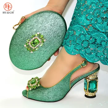 

African Women Shoes And Bag Set Italian Newest 2020 Crystal Design Italian Sandals shoes and bag to match Wedding Green color