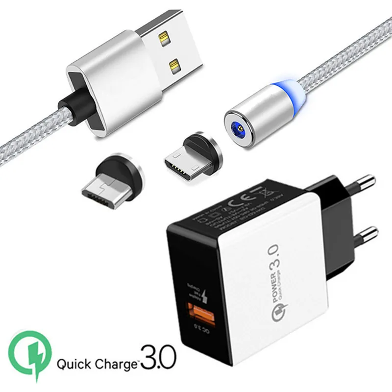 Магнитный зарядный кабель Micro USB Redmi 6 7 huawei Y5 Y6 Y7 P Smart QC 3,0 быстрое зарядное устройство адаптер для samsung M10 J7 A7 A6 - Тип штекера: EU charger and cable