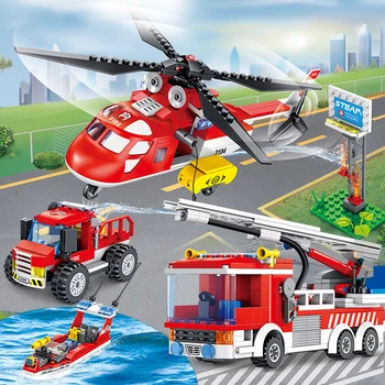 

872 PCS City Fire Fighting Trucks Helicopter Building Blocks Creative Firefighter action figures Bricks constructor children Toy
