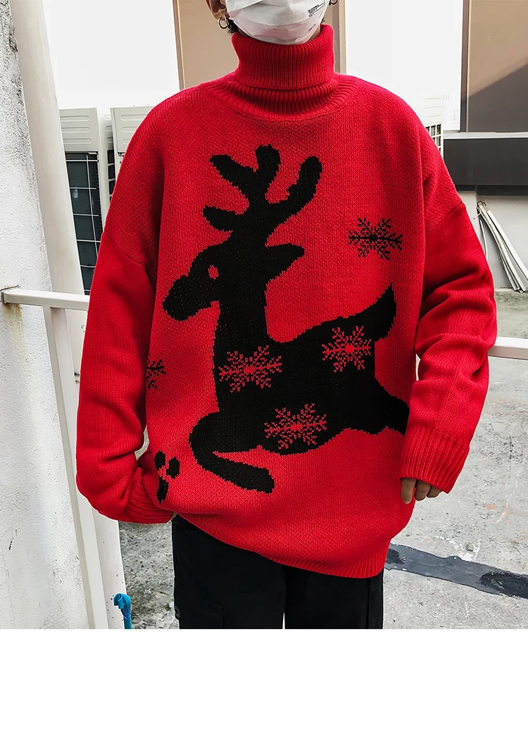 Winter Turtleneck Sweater Men's Warm Fashion Print Casual Knit Sweater Man Street Wild Loose Long Sleeve Pullover Men Clothes