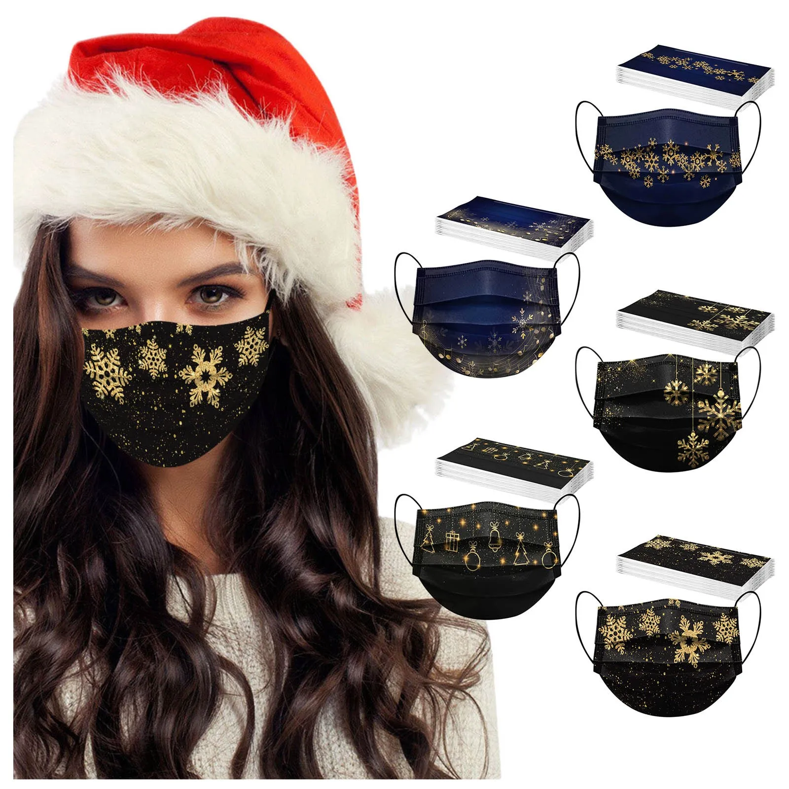 50pcs Disposable Unisex Christmas Mask Soft 3-layer Adult Mouth Cover Ultrathin Non Woven Elk Print Men Women | Красота и здоровье