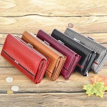 

Women Bags 2020 New Genuine Leather Women Wallets Alligator Long Hasp Zipper Wallet Ladies Clutch Bag Purse Female Luxury Purses