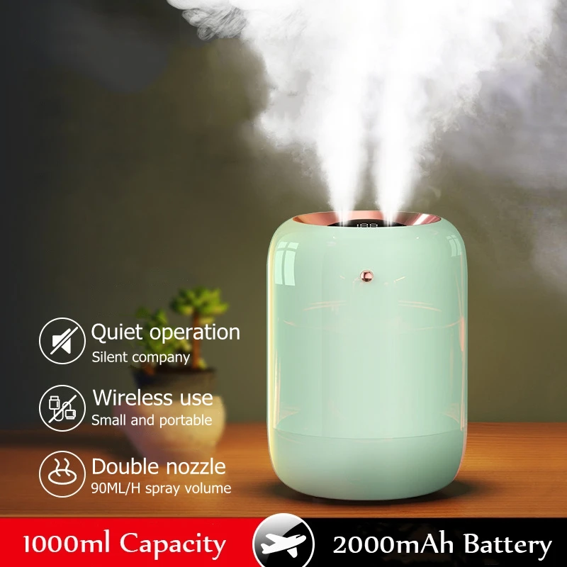 1L Double Nozzle Home Air Humidifier Purifier 2000mAh Battery Display Room Fragrance Ultrasonic Mist Maker USB Aroma Diffuser 300ml wireless air humidifier portbale water diffuser 2000mah battery rechargeable umidificador ultrasonic usb humidificador