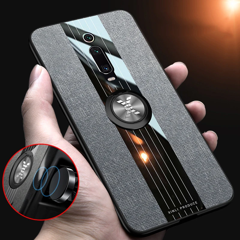 

Ikrsses For Xiaomi Redmi K20 Pro Case Simple cloth texture car magnetic bracket Case For Xiaomi mi 9T Pro TPU edge Cover