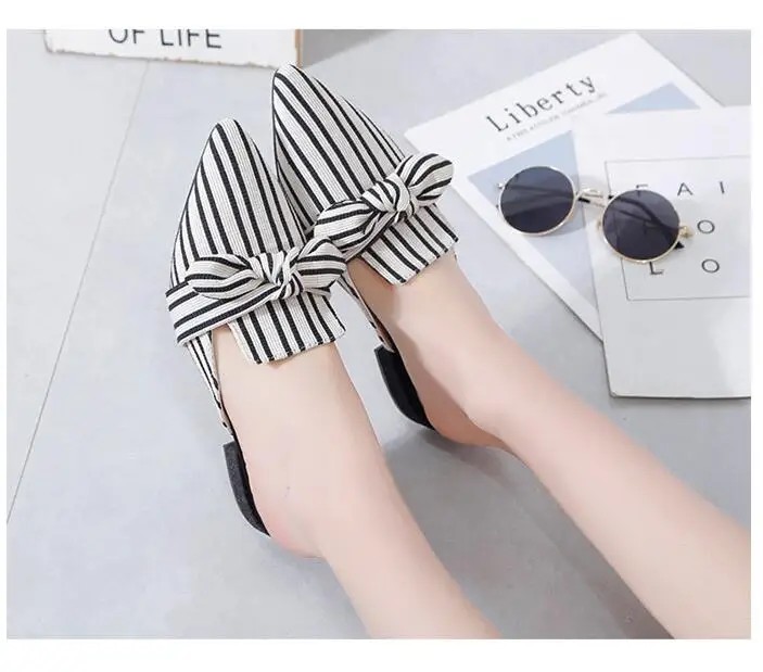 

Summer New Pointed Fashion Half slippers Summer Outside Stripe Butterfly-knot Square heel Low (1cm-3cm) Leisure Shallow Slides