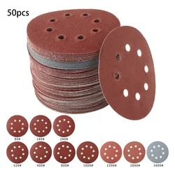Disques de ponçage de forme ronde, 125mm, 50 pièces, feuille de ponçage avec boucle à crochet, tampon de polissage pour ponceuse à 8 trous 