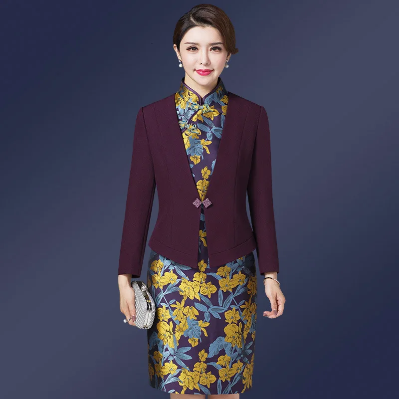 Винтажное ретро платье, костюмы для женщин, Qipao, тонкое, облегающее, миди платье, офисное, для девушек, мам, Формальное, для работы, для свадьбы, комплект из 2 предметов