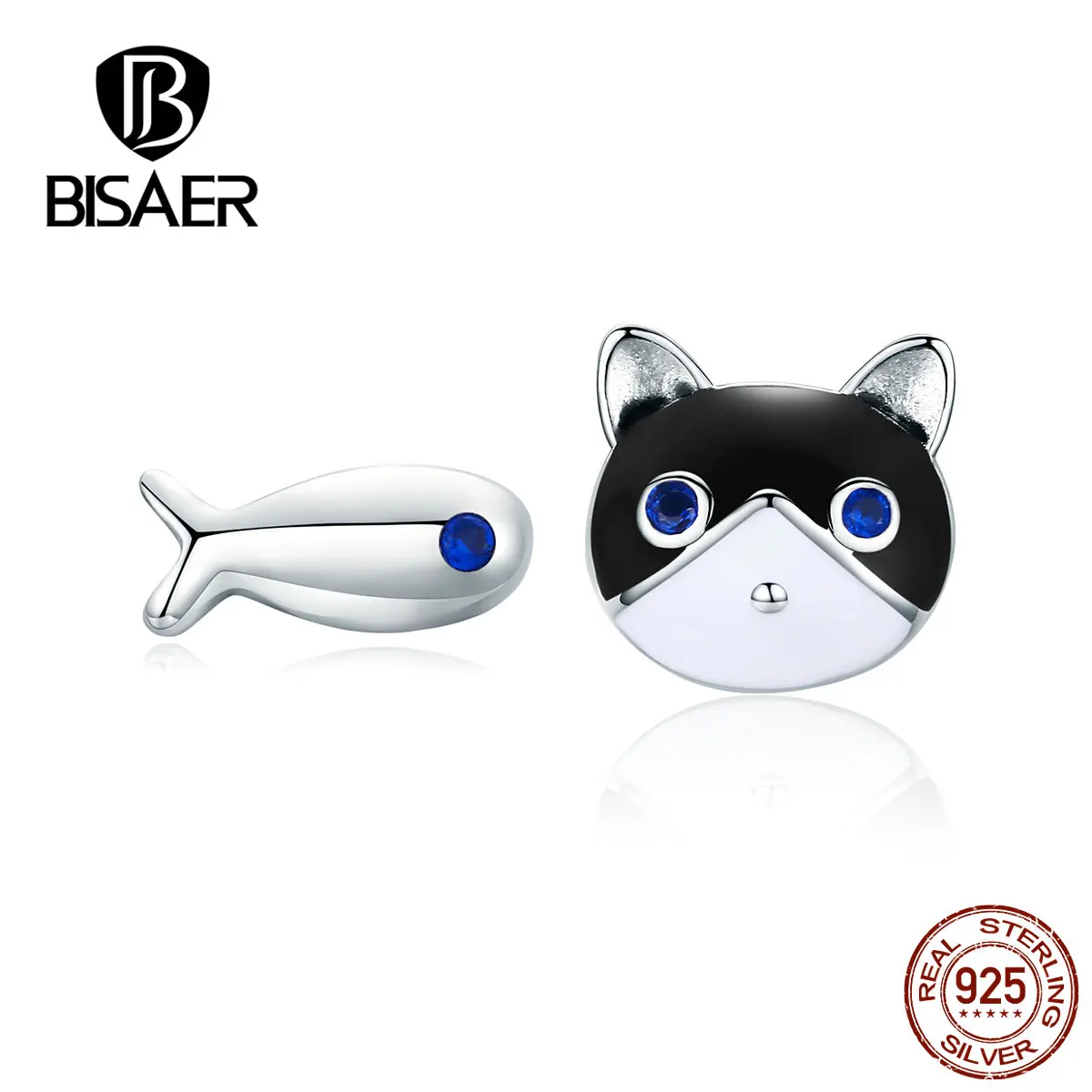 BISAER, трендовые серьги-гвоздики с забавными котами и рыбками, 925 пробы, серебряные серьги с милыми животными для женщин, Элегантные Изысканные Серьги GXE623