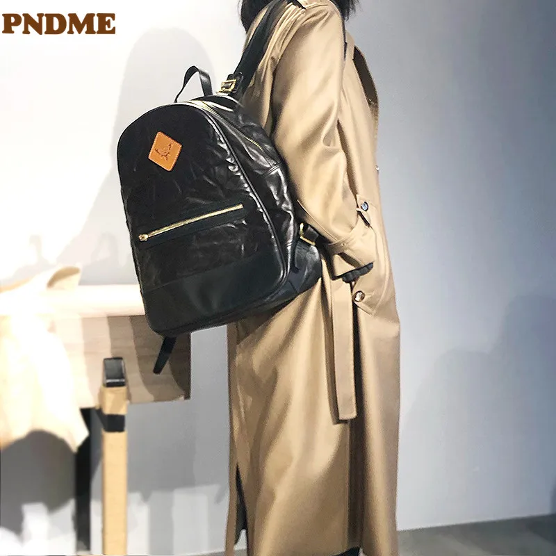 

PNDME vintage luxury natural genuine leather ladies backpack designer outdoor travel real cowhide women's black bagpack bookbag