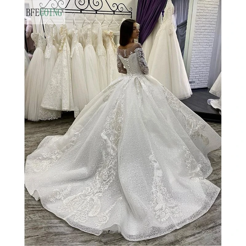 Ivory Lace Tulle  Beading Scoop Long Sleeves Floor-Length Ball Gown Wedding Dress Chapel Train Custom Made casual wedding dresses