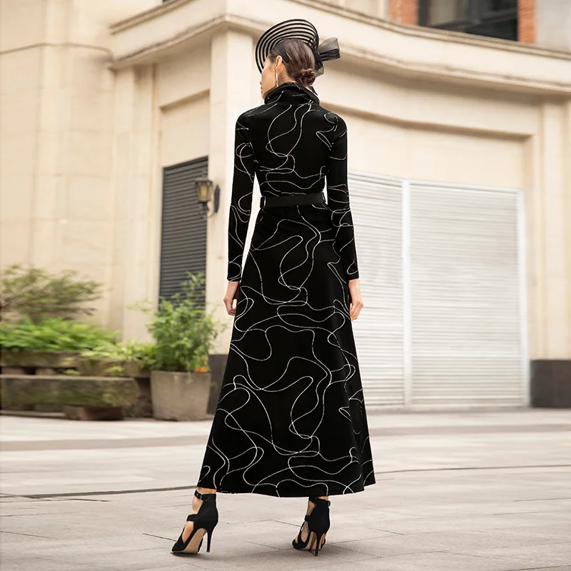 Осенне-зимнее длинное платье для женщин с длинным рукавом, водолазка, а-силуэт, черные вечерние платья макси в винтажном стиле, большие размеры, M-4XL