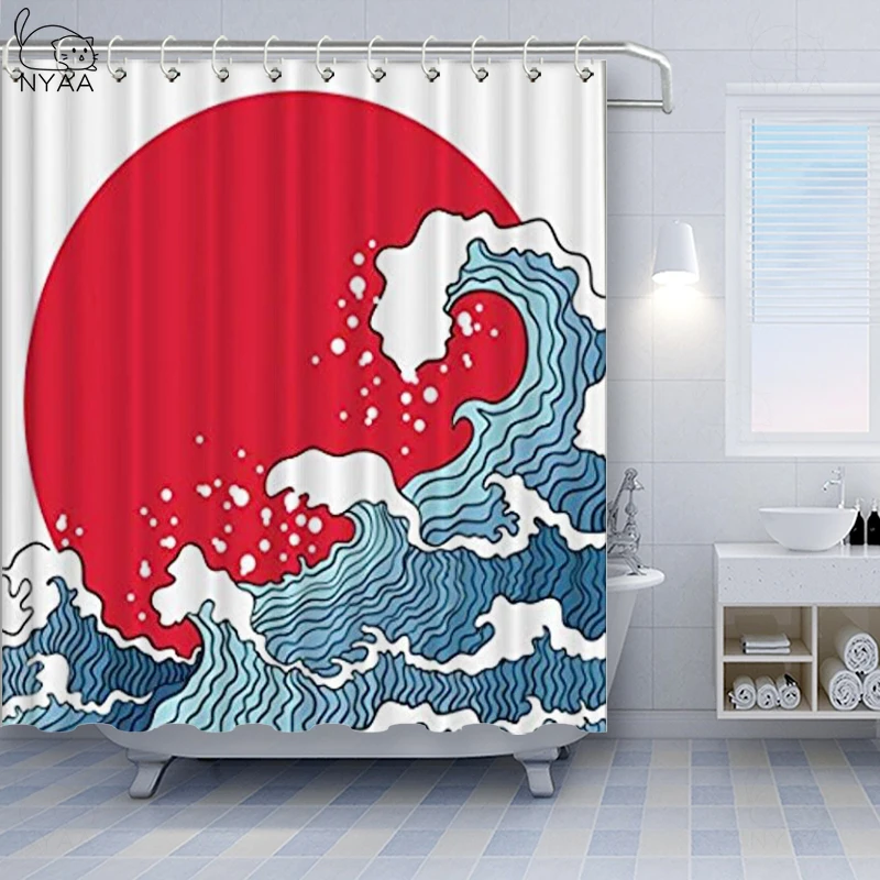 Vixm Japanese Wave Shower Curtain Big Red Sun Setting Scenery Tropical