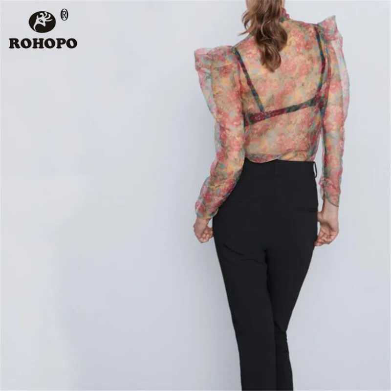  ROHOPO Autumn Women Organza Floral Puff Long Sleeve Blouse Bow Collar Chic Lady Transparent Sexy To