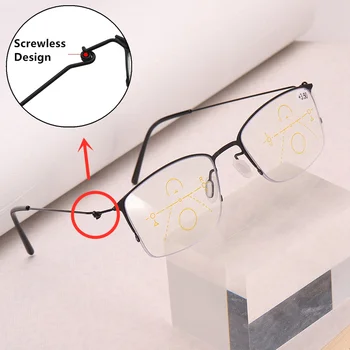 

Screwless Design Multi Focal Progressive Reading Glasses Anti Blue Light Half Frame Metal Alloy Presbyopic Glasses Black 1.50