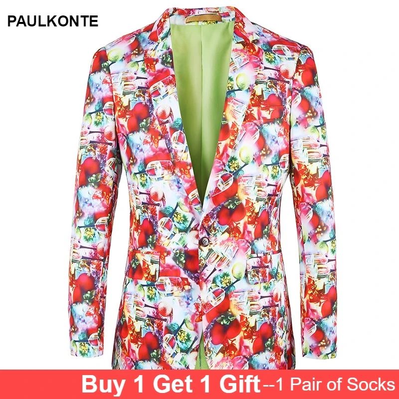 PAULKONTE Wine Glass Love Print Mostly Male Blazer Fashion High Quality Nightclub Party Wedding Slim Fit Man's Jacket
