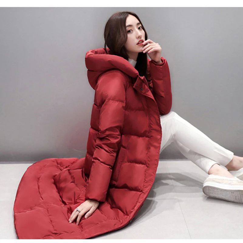 Women's super long down jacket winter puffer Thick coat Black Red Hooded zipper Keep warm images - 6