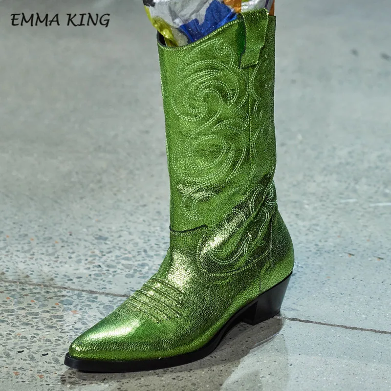 Emma king/модные ботинки с принтом в полоску зебры; цвет золотистый, Серебристый; ботинки до середины икры с круглым носком, неоново-зеленым граффити, с вышивкой в стиле рок для бойфренда - Цвет: Style 2