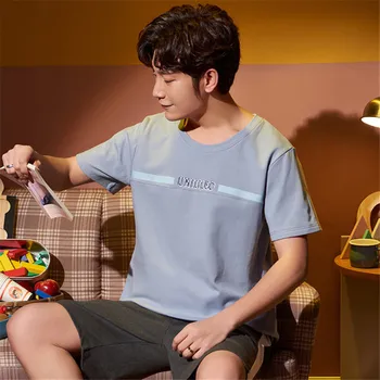 

2020 summer men can wear 100% cotton round neck hedging comfortable pajamas two-piece short jacket casual L-3XL pajamas