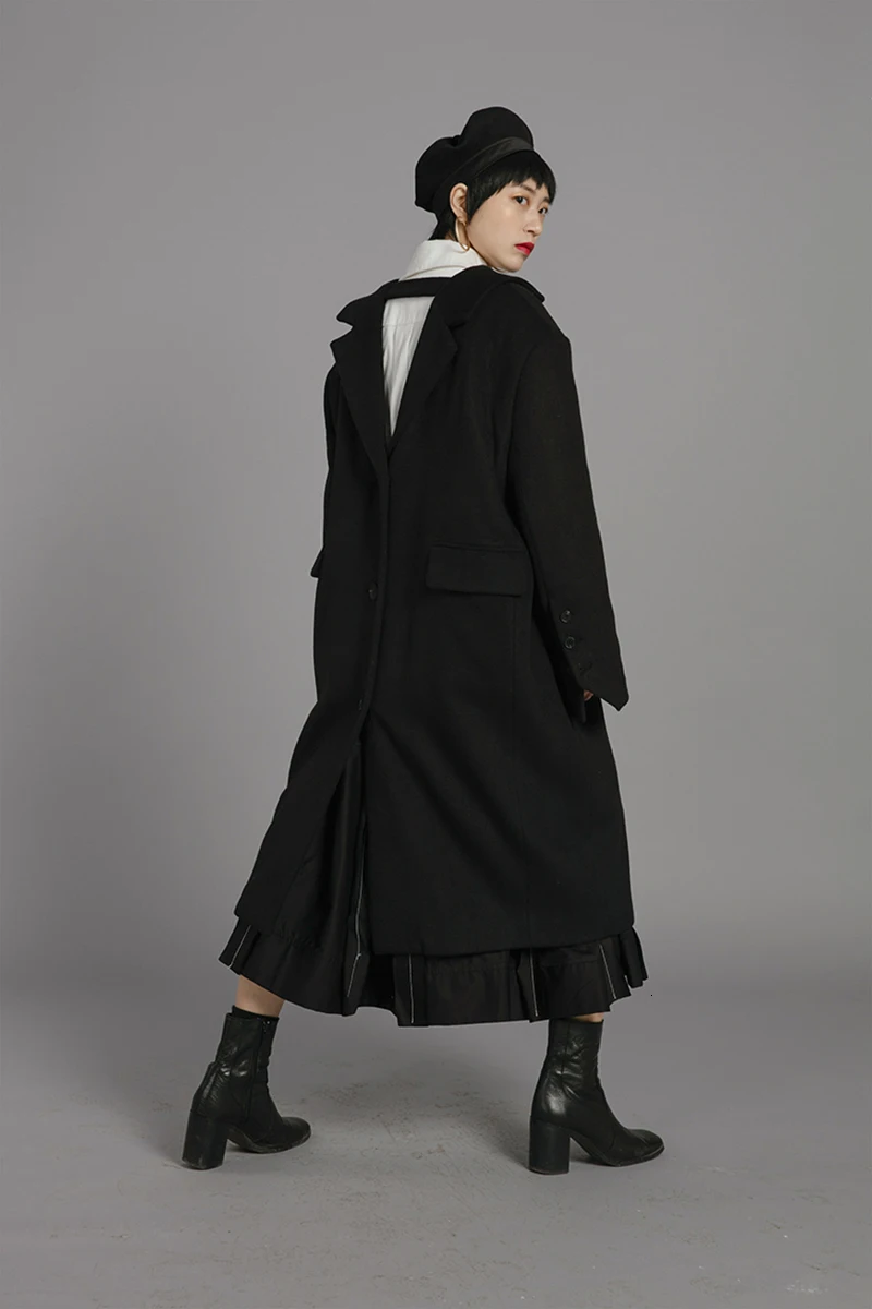 [EAM] свободное черное шерстяное пальто с открытой спиной большого размера, парки, новинка, длинный рукав, женская мода, Осень-зима, 1K725