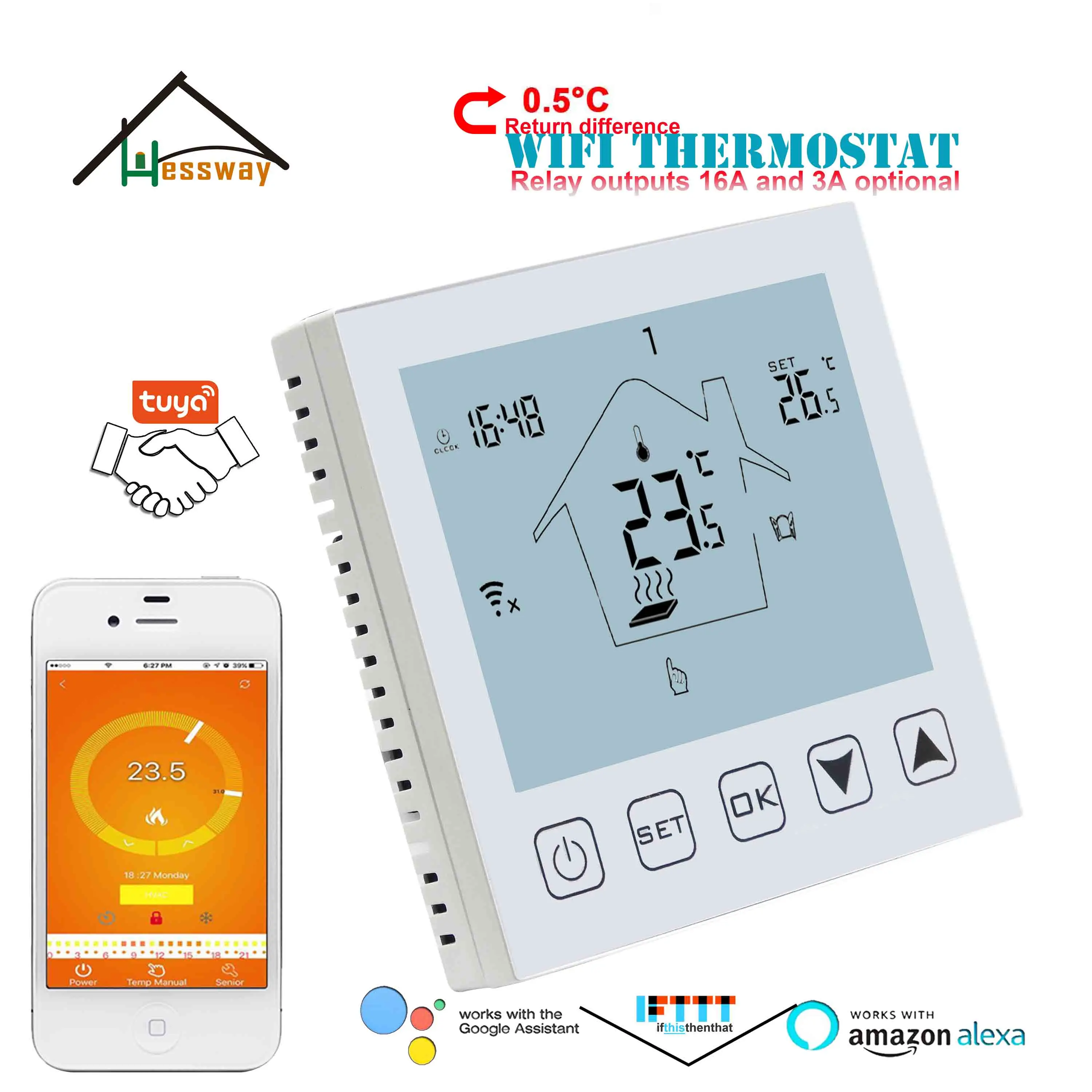 HESSWAY Radiant Floor Heating TUYA WIFI THERMOSTAT for 3A/16A Relay switch